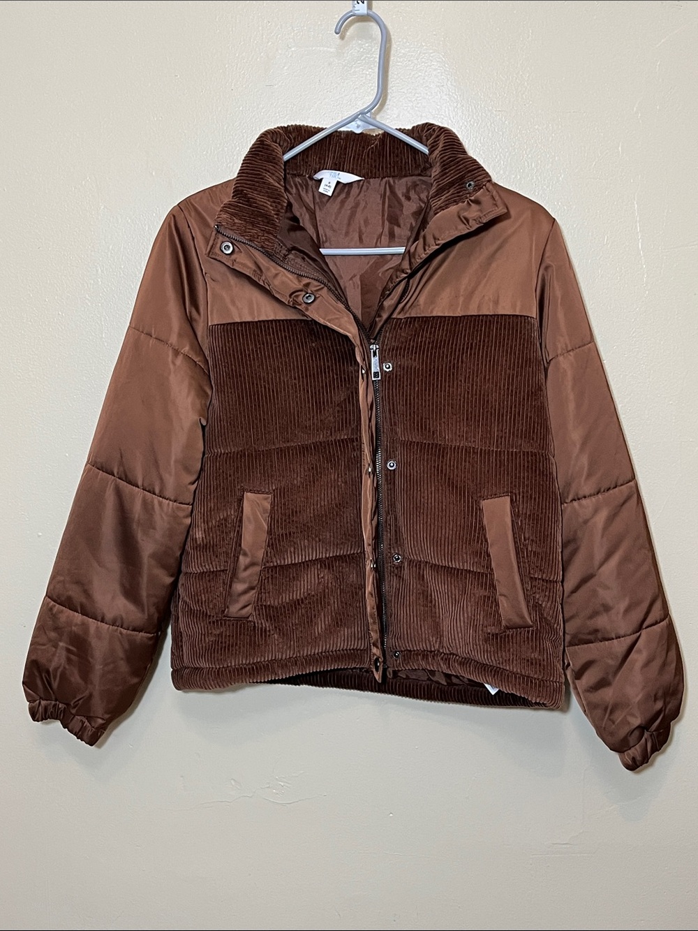 Tahari Brown Quilted & Corduroy Women Puffer Coat